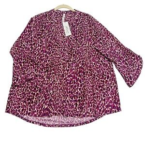 NY Collection Women's 1X Purple Leopard Print Blouse Long Sleeve Tunic Top